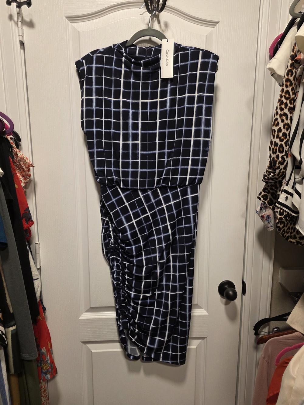 Calvin Klein Navy and White Grid Midi Dress